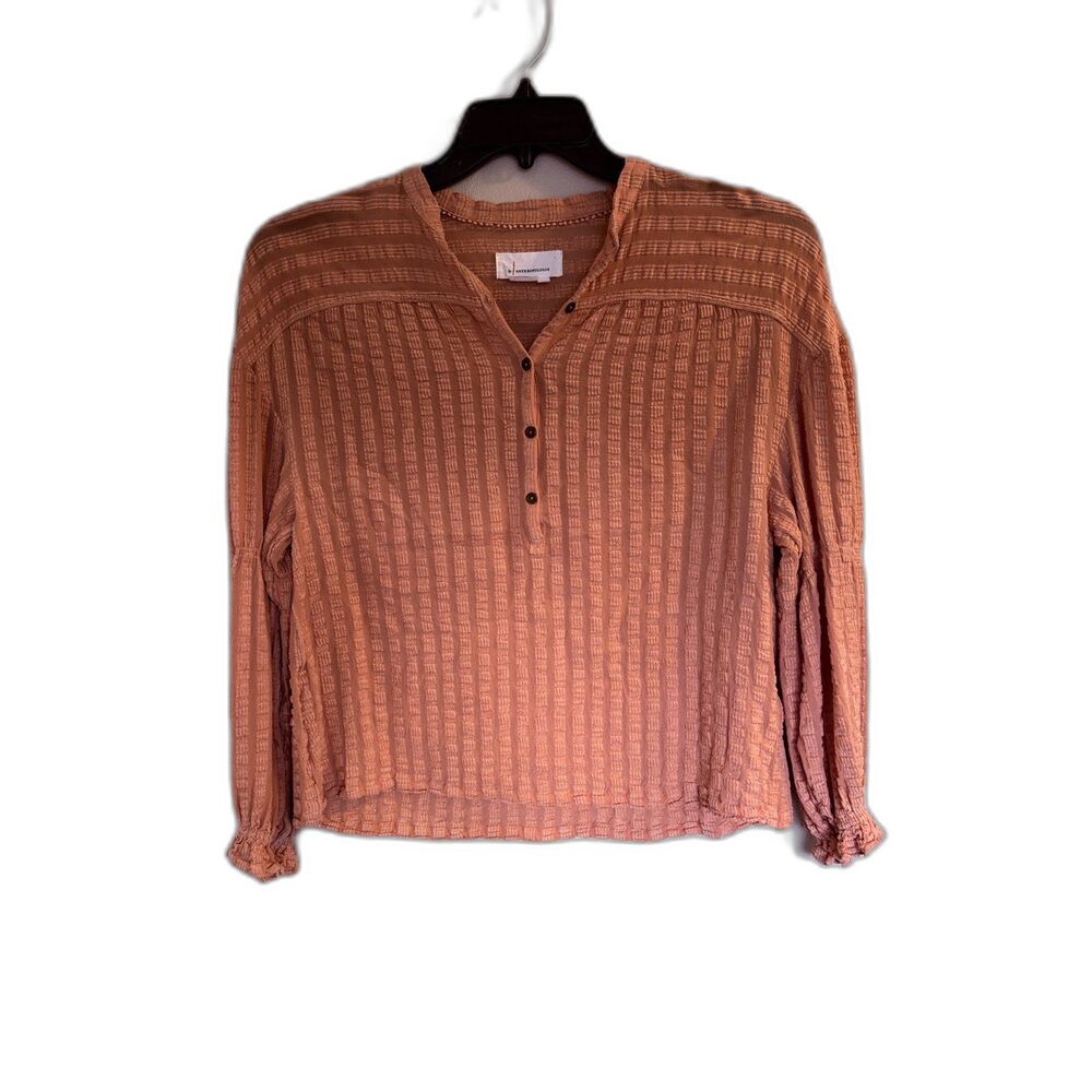 By Anthropologie Textured Gauze Henley Blouse Coral Rust‎ Size Small